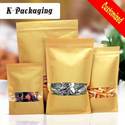 5 pcs 3-side Seal Food Grade Ziplock Brown Kraft Paper Bag Snack Pouches with Clear Window